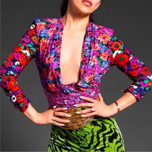 ZARA Floral Satin Long Sleeve Pink Purple Top Size Small - Picture 4 of 5